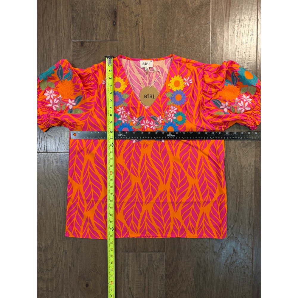 NWT BIBI Womens Orange Pink Leaf Print Embroidered Puff Sleeve V-Neck Blouse M - Picture 4 of 6